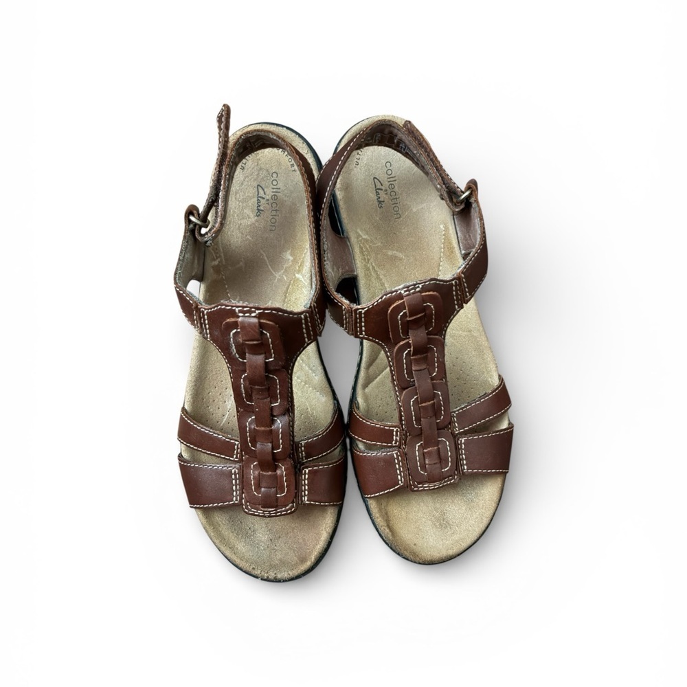 Clarks Brown Leather Chain-Link T-Strap Sandals